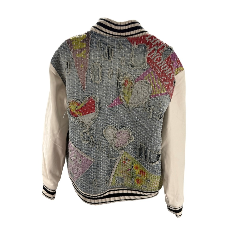 Lifted Anchors LA Patchwork Denim Varsity Bomber Jacket Distressed Women Med NEW